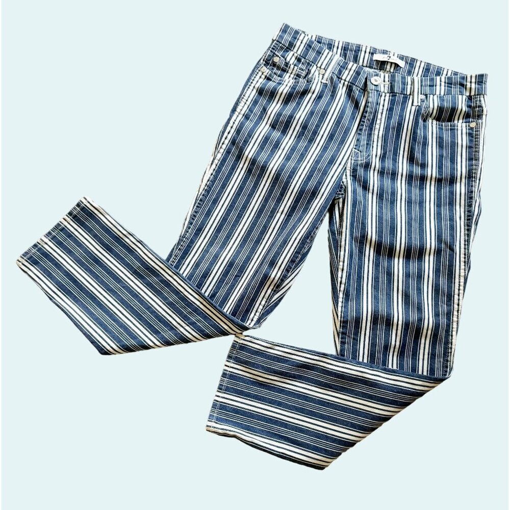 7 FOR ALL MANKIND White and Blue Striped Mid Rise Skinny Ankle Jeans Size 30